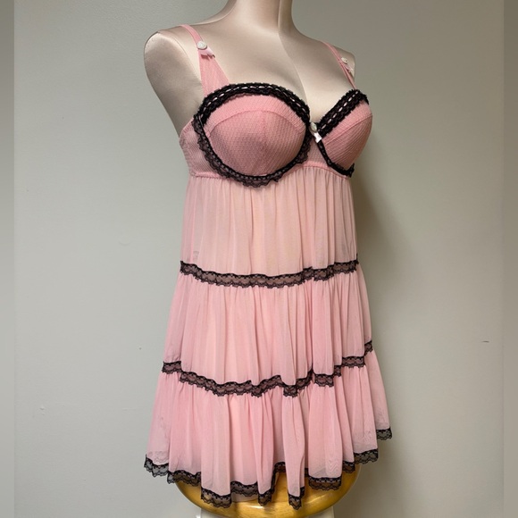 La SENZA Pink Babydoll Chemise with Black Lace Trim - Picture 2 of 5